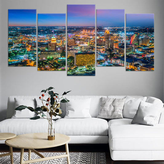 San Antonio skyline at dusk canvas wall art for living room — warm city lights and deep blue tones create a modern elegant decor.