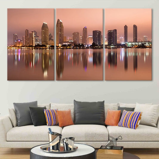 San Diego skyline at dusk — modern canvas wall art with warm sunset reflections, perfect for living room or office interiors.