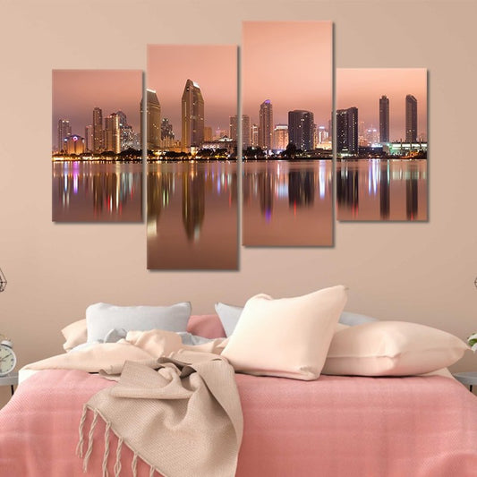 California cityscape skyline — large canvas wall art in soft peach and amber tones, ideal for contemporary bedroom design.
