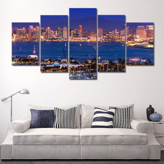 Downtown San Diego skyline — large canvas wall art with vivid night lights, perfect for stylish bedroom or contemporary interiors.