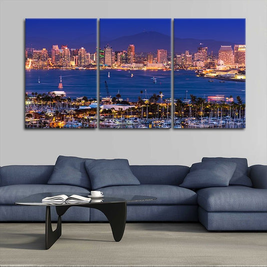 San Diego skyline at night — modern canvas wall art with glowing reflections, ideal for elegant living room or office decoration.