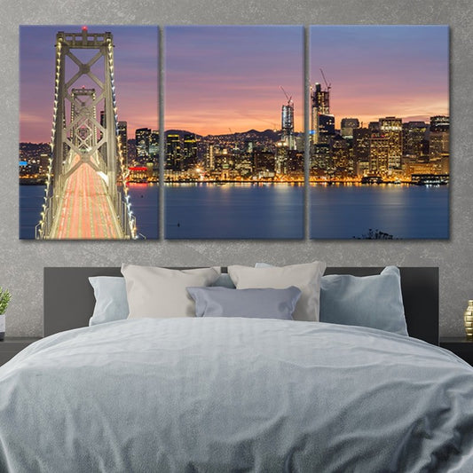 Bay Bridge cityscape — large canvas wall art in warm sunset hues, perfect for bedroom or office with a modern elegant touch.