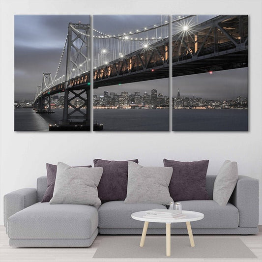 Oakland Bridge at night — modern canvas wall art for living room featuring glowing city lights and inspiring urban sophistication.