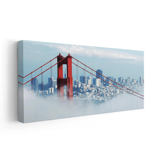 Golden Gate Bridge view — contemporary canvas wall art featuring fog over city skyline, uplifting home decor and thoughtful gift idea.