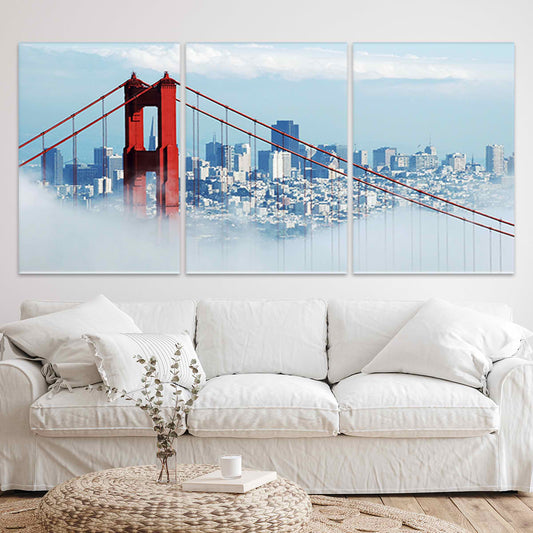 Golden Gate Bridge in fog — large canvas wall art with San Francisco skyline view, calming and elegant centerpiece for living room decor.
