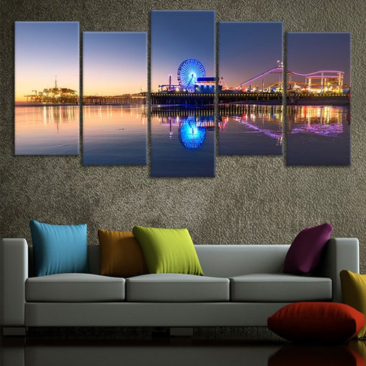 Santa Monica Ferris wheel lights — large canvas wall art for bedroom adding uplifting beach ambiance and colorful seaside glow.
