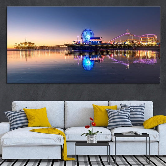 Santa Monica Pier at dusk — modern canvas wall art for living room showcasing peaceful ocean reflections and coastal evening charm.