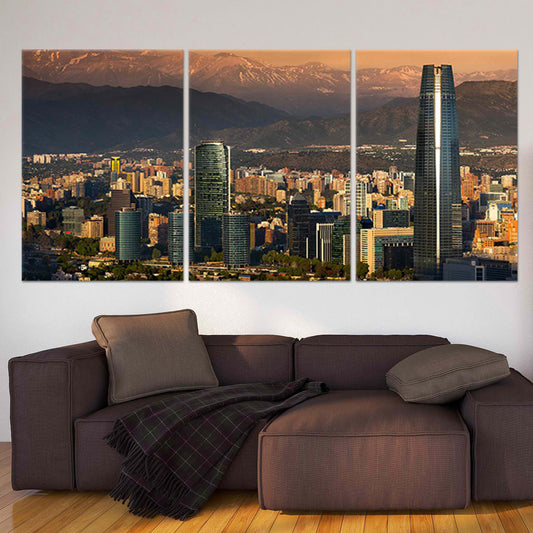 Santiago de Chile skyline at sunset — large canvas wall art with golden hues and Andes backdrop, perfect for living room decor.