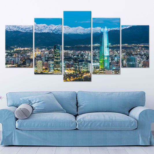 Chile skyline panorama — large canvas wall art in cool blue tones, peaceful and uplifting centerpiece for bedroom or office walls.
