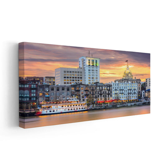 Colorful Savannah riverfront — contemporary canvas wall art, blue and orange palette creates uplifting décor for elegant homes.