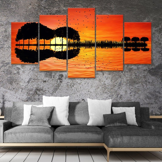 Glowing guitar horizon in vibrant sunset palette — large canvas wall art for bedroom enhances peaceful ambiance with warm seascape tones