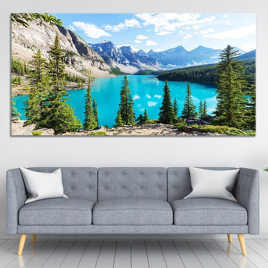 Alpine turquoise waters reflecting tall evergreens Large canvas art adding a peaceful bedroom mood with refreshing cool tones and wilderness charm