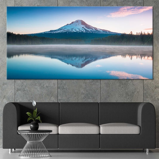 Misty mountain lake glowing in cool morning light Large canvas art adding a serene bedroom mood with tranquil reflections and minimalist calm