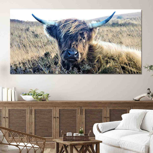 Highland cattle in golden field — rustic canvas wall art, natural tones bringing warmth and charm to farmhouse living room décor.