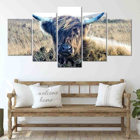 Scottish highland cow portrait — large canvas wall art, detailed horned design enhancing country-inspired modern interiors beautifully.