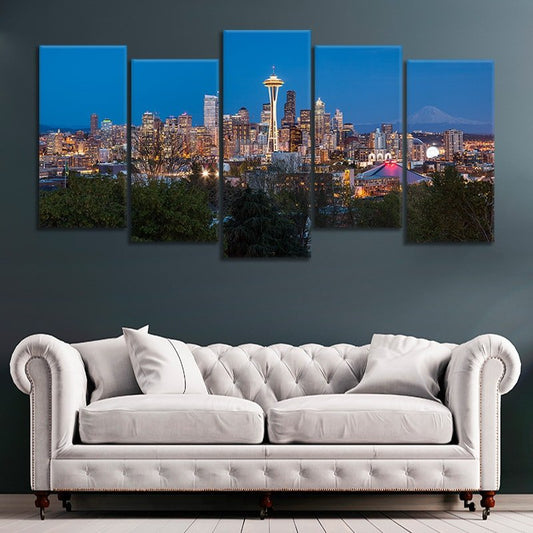 Space Needle and Seattle skyline — large canvas wall art for bedroom featuring peaceful blue hues and uplifting urban atmosphere.
