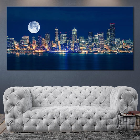 Seattle skyline with full moon — modern canvas wall art for living room featuring peaceful blue tones and inspiring night view.