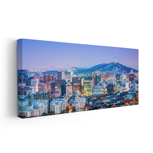Namsan Tower cityscape — large canvas wall art in vivid blue and purple tones, perfect for stylish modern apartment walls.