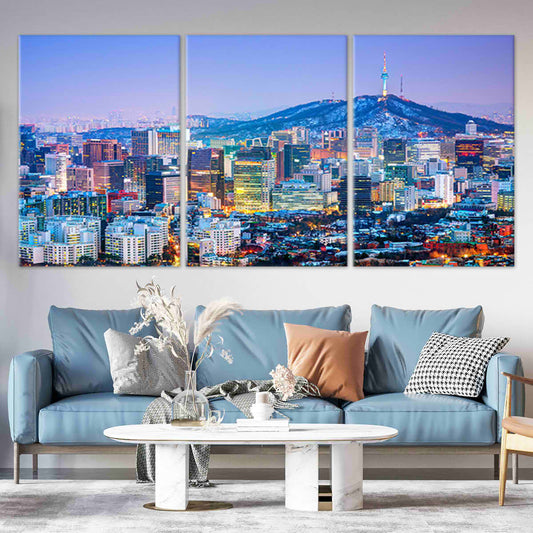 Seoul skyline at night canvas wall art for living room — vibrant city lights and mountain view create a calming modern decor.
