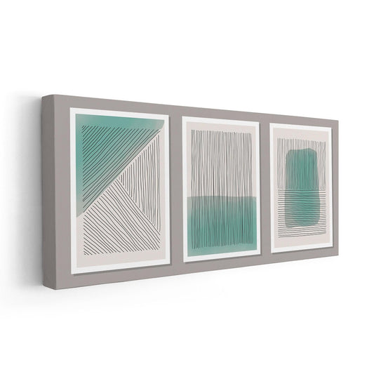 Modern bohemian abstract forms — large canvas wall art, muted green palette and flowing lines creating a peaceful contemporary space
