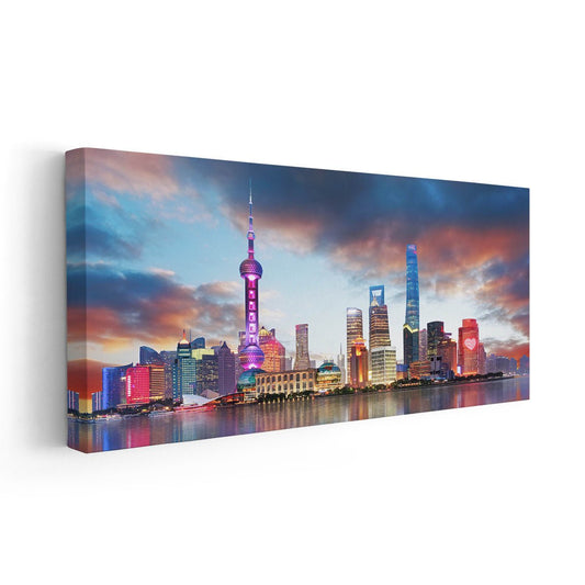Shanghai cityscape — modern canvas wall art in vibrant evening palette, perfect for bedroom or elegant urban home décor style.