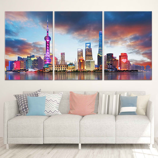 Shanghai skyline at sunset — large canvas wall art for living room, glowing pink and gold tones add a modern, uplifting atmosphere.