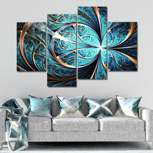 Blue and gold abstract petals in motion — large canvas wall art perfect for a living room or above-bed statement piece.