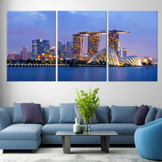 Marina Bay Sands skyline — modern canvas wall art in gold and blue tones, perfect for elegant home or stylish office interiors.