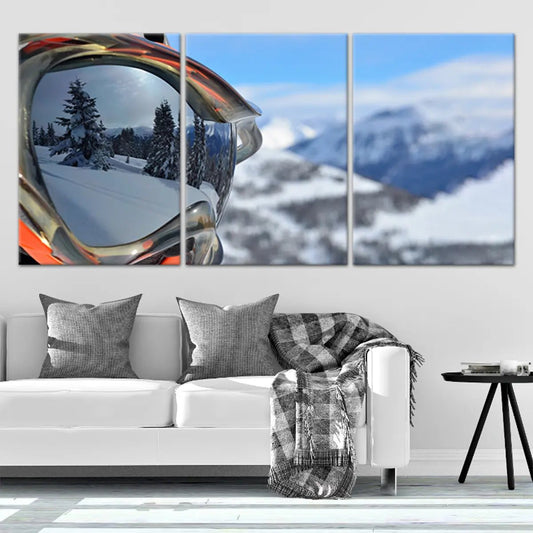 Ski goggles reflecting snowy peaks canvas wall art for living room décor, bringing an inspiring winter atmosphere to modern home spaces