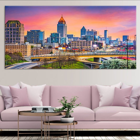 Atlanta skyline at sunset canvas wall art for living room — warm orange and pink tones add modern charm and city elegance.