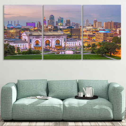 Downtown Kansas City panorama — large canvas wall art for bedroom creating peaceful ambiance and contemporary home charm.