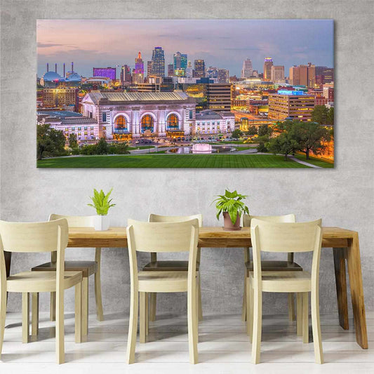 Kansas City skyline at sunset — modern canvas wall art for living room featuring warm city tones and inspiring urban elegance.