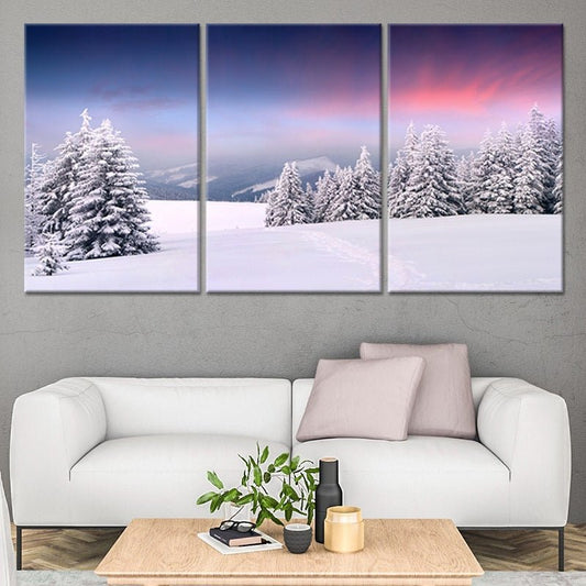 Snowy pine landscape — Large canvas art in minimalist winter tones enhancing bedroom décor with a serene frosted look and uplifting seasonal mood