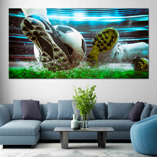 Football strike action in modern palette — large canvas wall art ideal for a motivating bedroom space with bright turf greens and motion