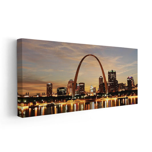 Gateway Arch and St. Louis skyline — large canvas wall art with bronze evening tones ideal for bedroom or stylish office walls.