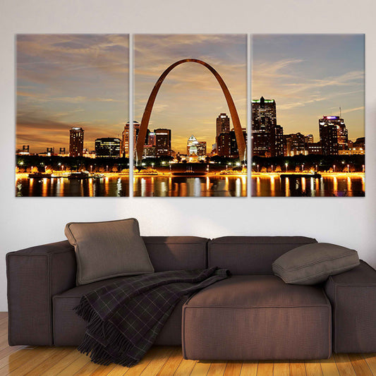 St. Louis skyline at sunset canvas wall art for living room — warm golden glow and city reflections create peaceful modern decor.