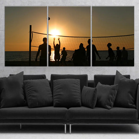 Sunset volleyball silhouettes canvas wall art for living room, bringing uplifting summer energy and warm coastal vibes to modern home décor
