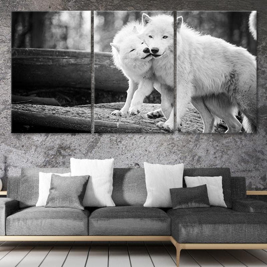 Pair of white wolves — modern canvas wall art in grayscale tones, perfect for bedroom decor or heartfelt anniversary gifts.