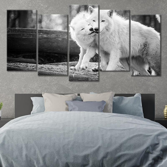 White wolf couple — large canvas wall art for living room, adding peaceful elegance and wilderness charm to modern spaces.