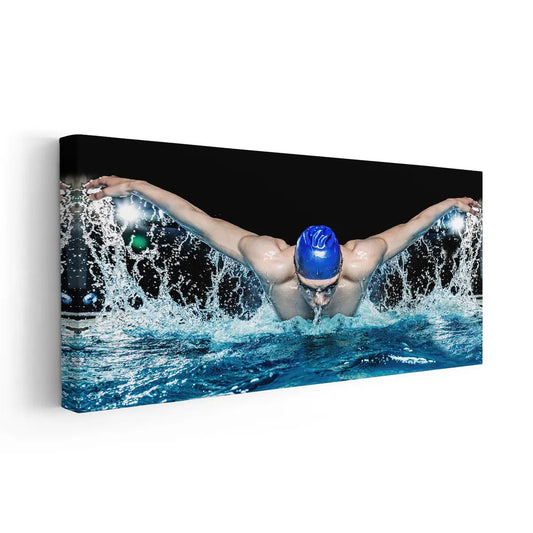 Competitive swim stroke in modern palette — large canvas wall art, crisp blue contrasts ideal for a calming office or workout room style
