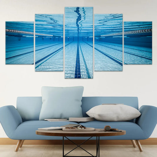 “Swimming pool lane lines canvas wall art for living room decor, creating a refreshing modern focal point for aquatic-themed interiors.”