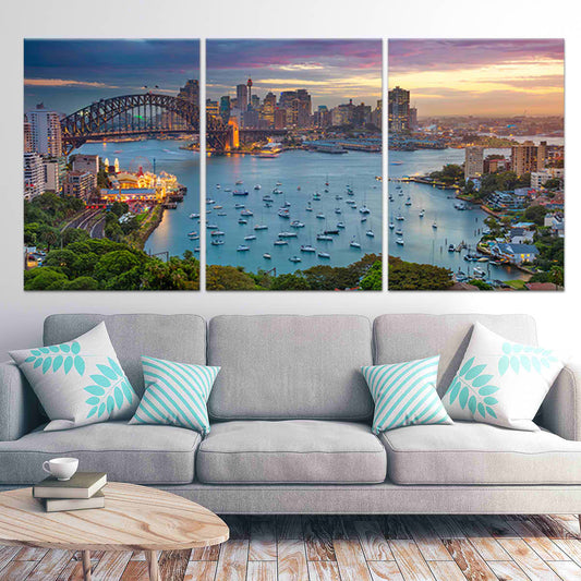 Sydney Harbour skyline view large canvas wall art for living room brings peaceful coastal charm and modern Australian elegance.