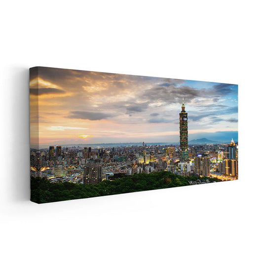 Taipei 101 cityscape — modern canvas wall art with sunset tones, elegant urban décor perfect for bedroom or minimalist interiors.