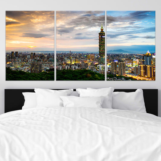 Taipei skyline at sunset — large canvas wall art for living room, featuring warm golden city lights and a peaceful evening glow.
