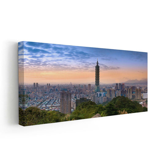 Taipei cityscape — modern canvas wall art with sunset glow and skyline lights, perfect for elegant bedroom wall display.
