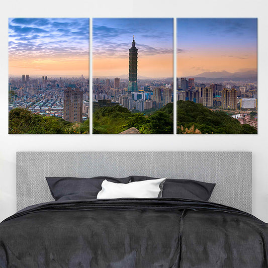 Taipei skyline at sunset — large canvas wall art featuring Taipei 101 tower, inspiring and peaceful decor for living room.