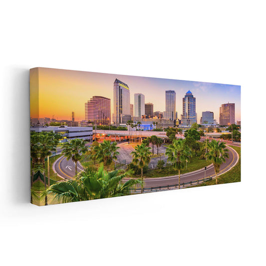 Florida cityscape view — modern canvas wall art featuring Tampa skyline glow, peaceful atmosphere for bedroom display.