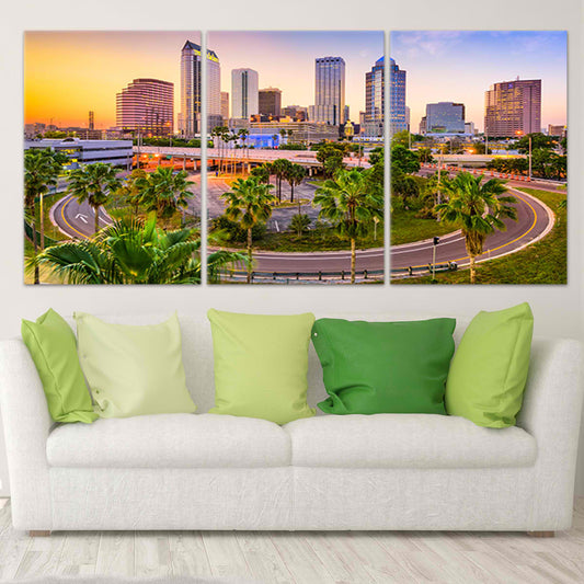 Tampa skyline at sunset — large canvas wall art with golden tones and palm trees, perfect for living room or office decor.