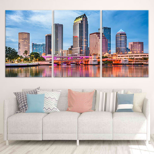 Tampa Florida skyline — large canvas wall art with bright city reflections, perfect centerpiece for modern living room decor.