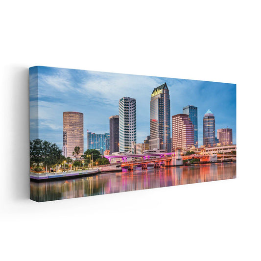 Downtown Tampa waterfront — modern canvas wall art with vibrant blue sky tones, calming accent for bedroom or office space.